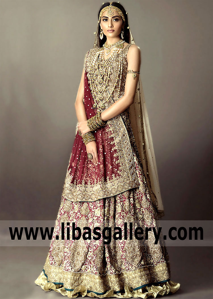 Dark Red Adelin Bridal Lehenga with Ruffles