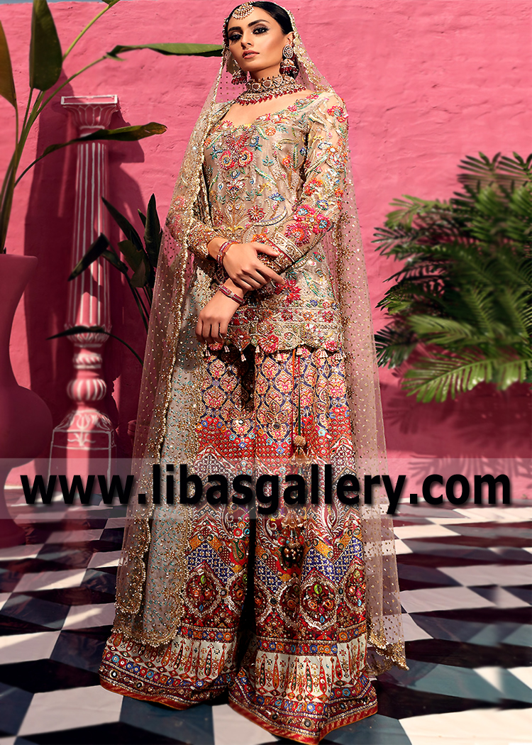 Beautiful Ashy Beige Ovule Bridal Sharara Dress