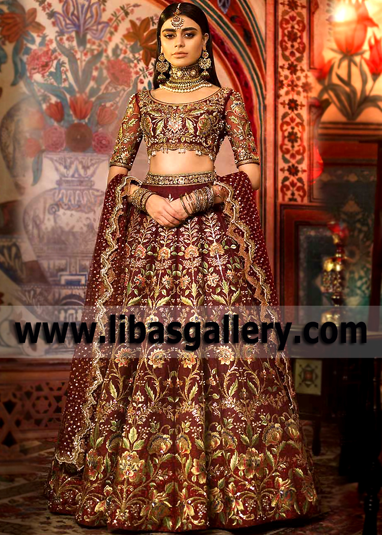 Maroon Alstroemeria Bridal Lehenga