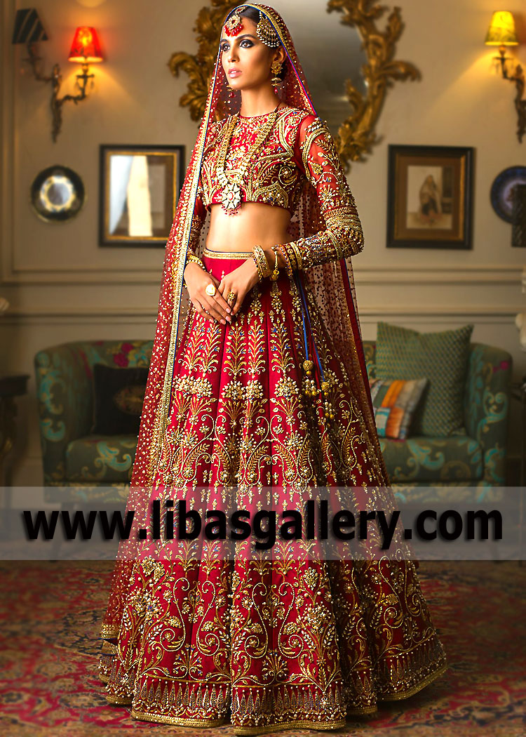 Irresistible Carindal Red Amaryllis Wedding Lehenga