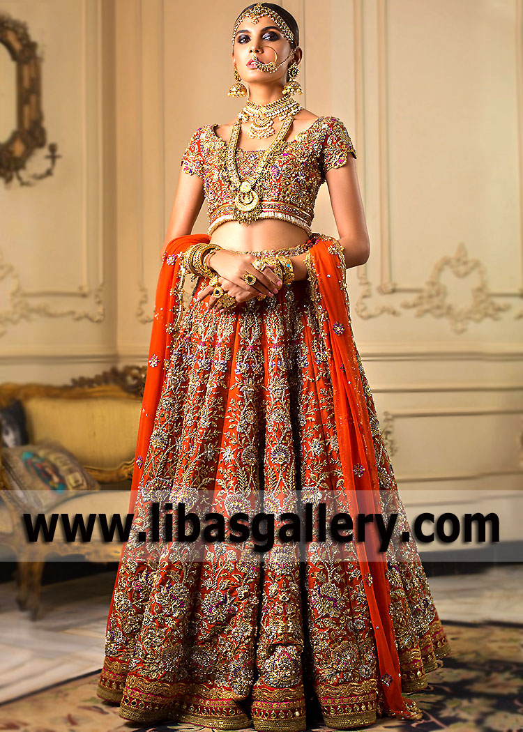Burnt Orange Cockscombs Bridal Lehenga