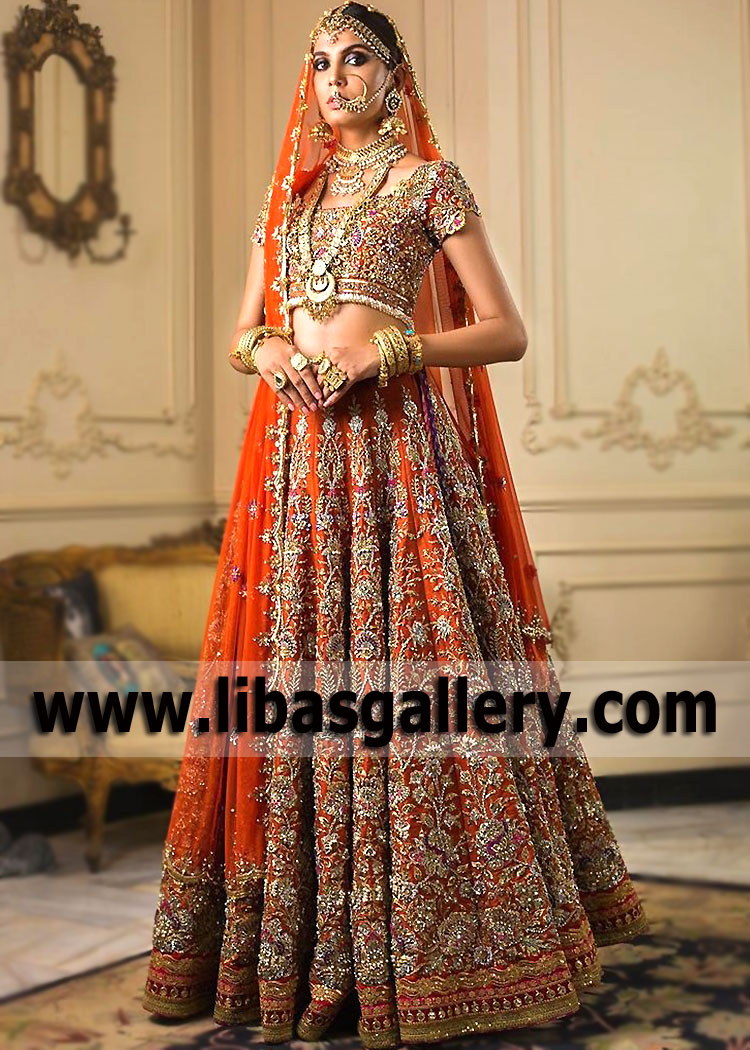 Burnt Orange Cockscombs Bridal Lehenga