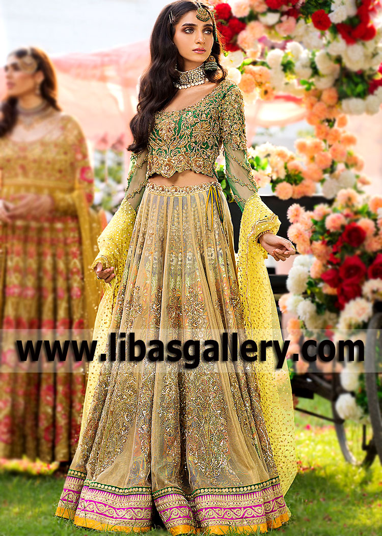 Sparkly Green Gold Lily Embellished Lehenga Choli