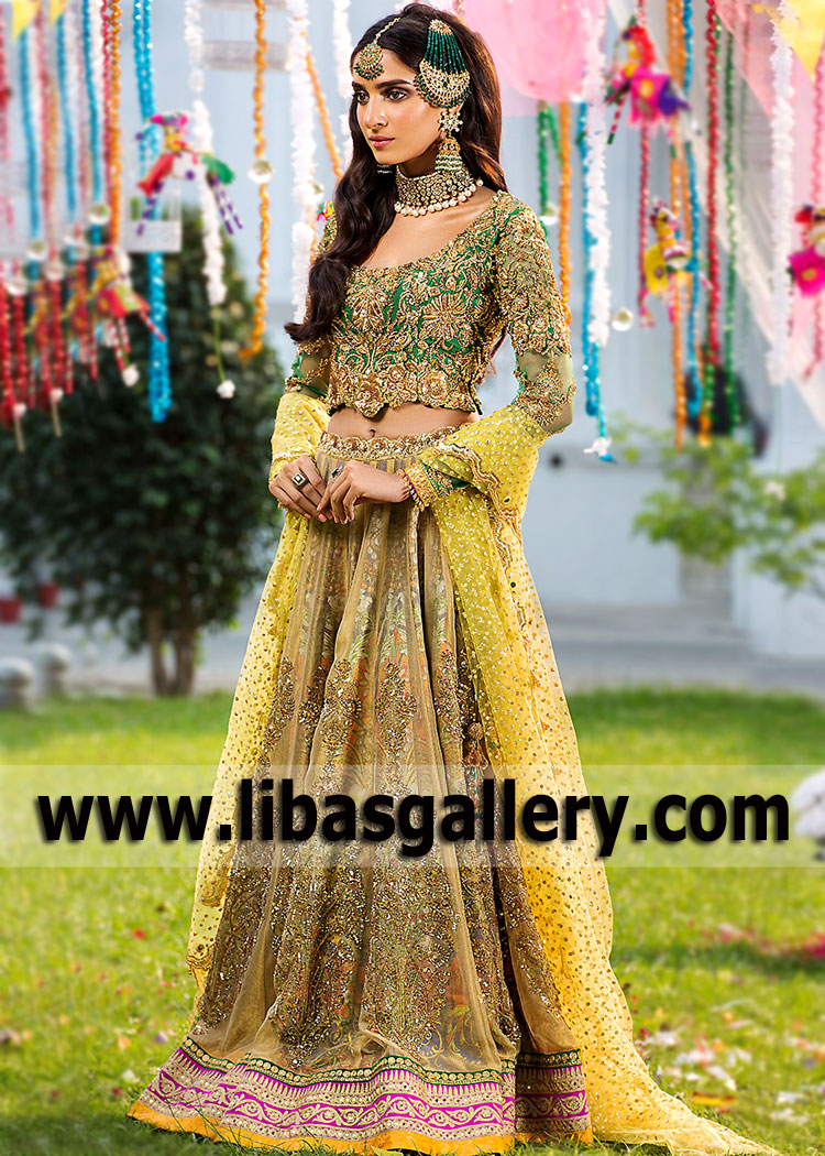 Sparkly Green Gold Lily Embellished Lehenga Choli