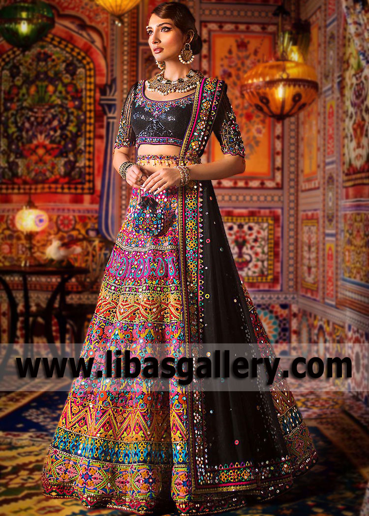 Black Multi Mallow Wedding Lehenga
