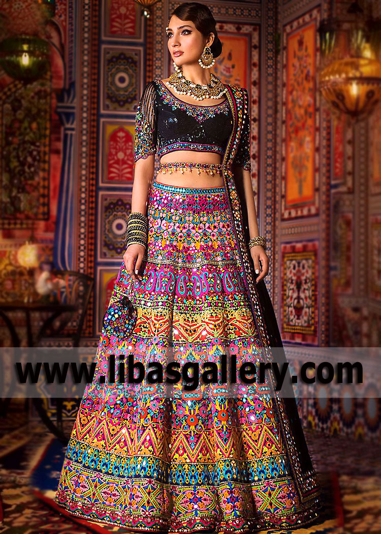 Black Multi Mallow Wedding Lehenga