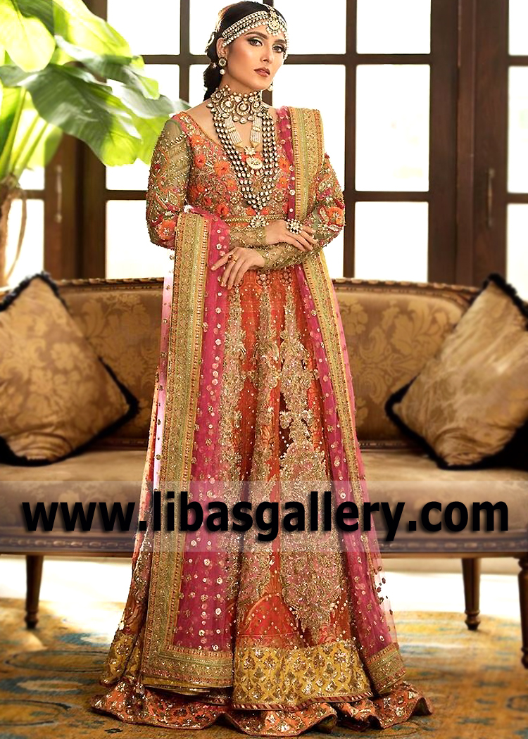 Portland Orange Pink Strobus Bridal Pishwas
