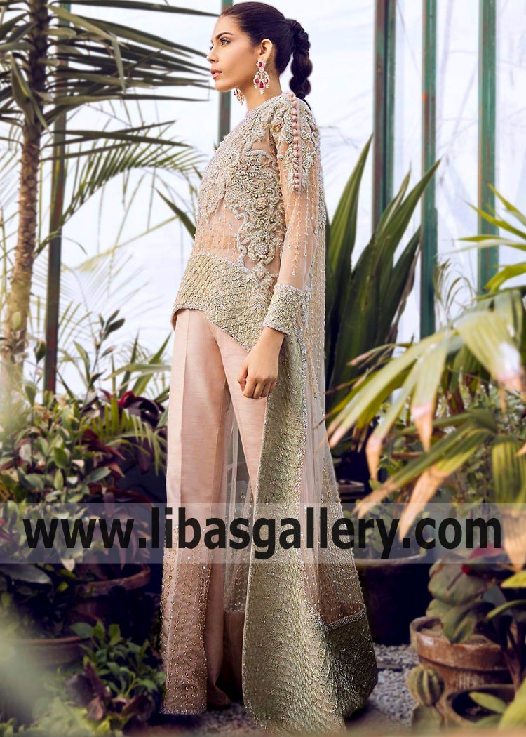 Stylish Almond Gladiolus Embroidred Cape Style Dress