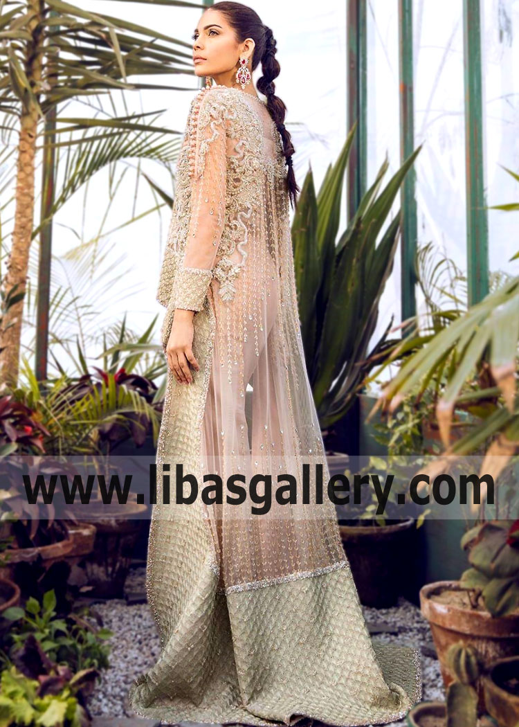 Stylish Almond Gladiolus Embroidred Cape Style Dress