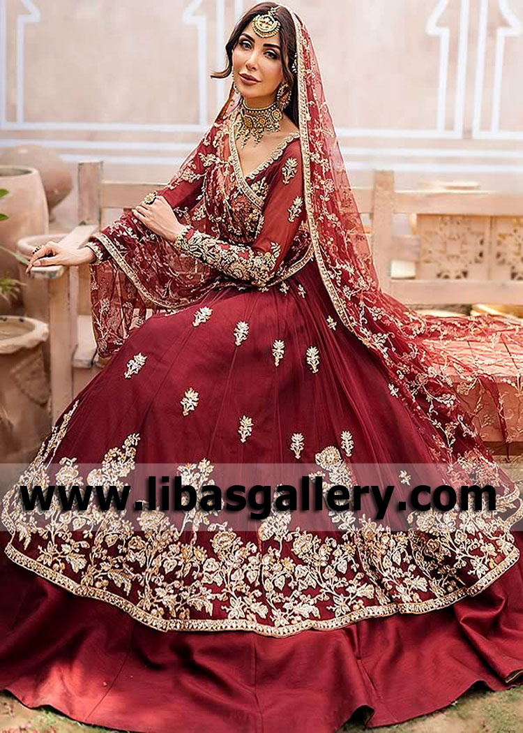 Burgundy Dahlia Bridal Peshwas Lehenga