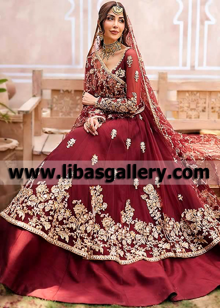Burgundy Dahlia Bridal Peshwas Lehenga