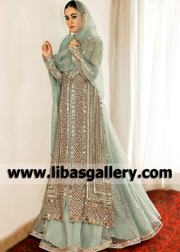 Cambridge Blue Ovule Bridal Jacket Lehenga Suit