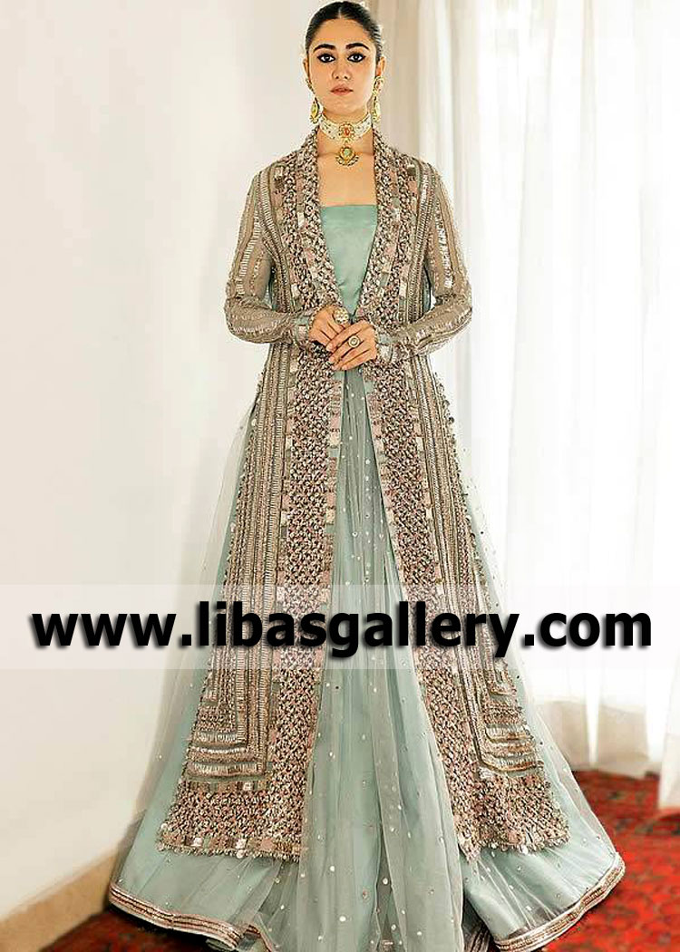 Cambridge Blue Ovule Bridal Jacket Lehenga Suit