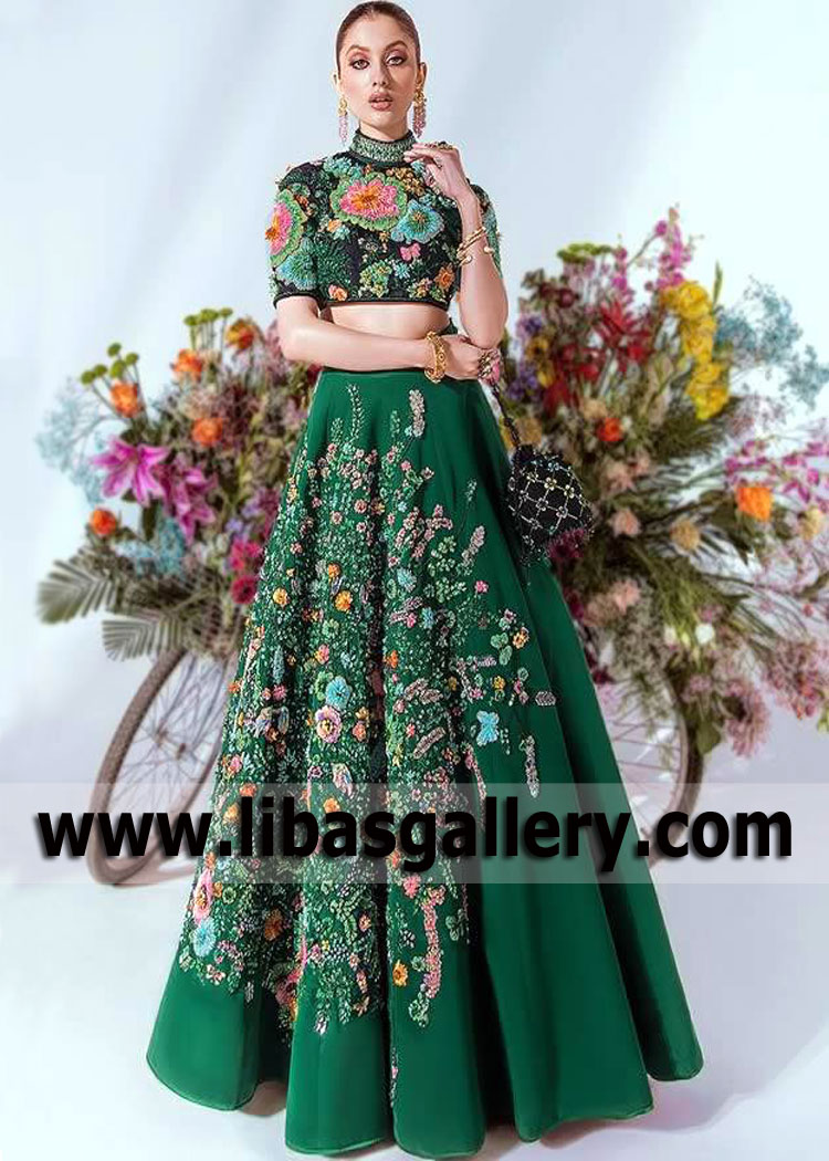 Dark Green Hydrangea High Waisted Lehenga Choli
