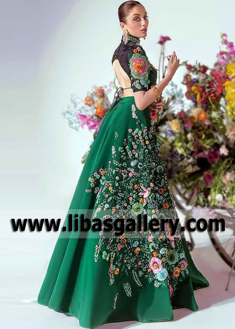 Dark Green Hydrangea High Waisted Lehenga Choli