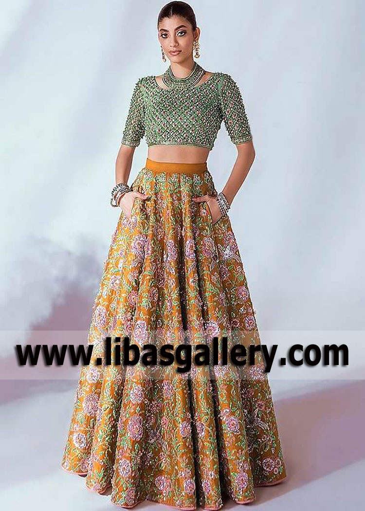 Green Gamboge Bloom High Waisted Bridal Lehenga