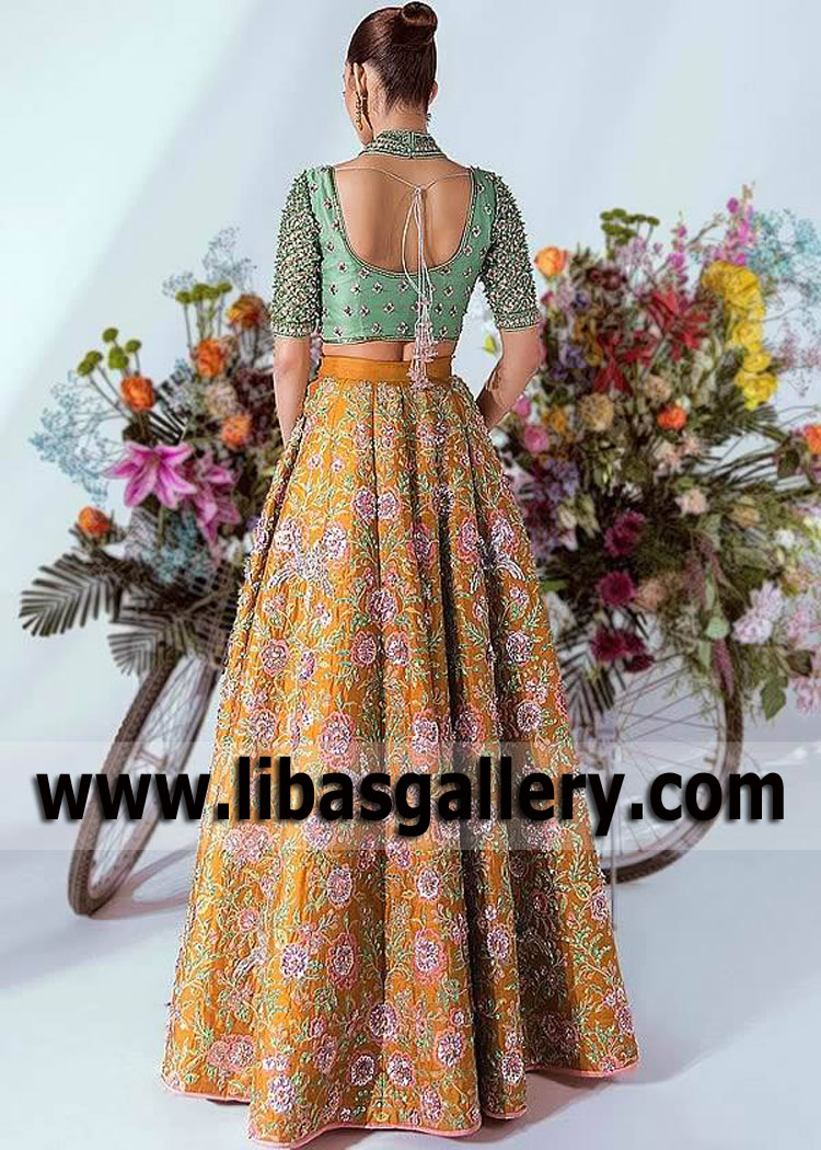 Green Gamboge Bloom High Waisted Bridal Lehenga
