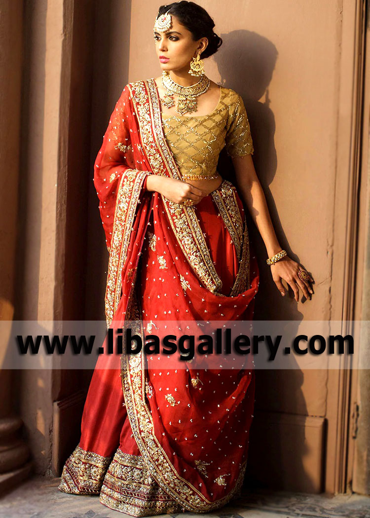 Carnelian Gold Bloom Indian Bridal Lehenga