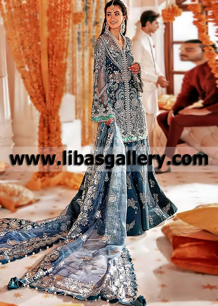 Prussian Blue Crocus Dhaka Pajama Dress for Wedding Party