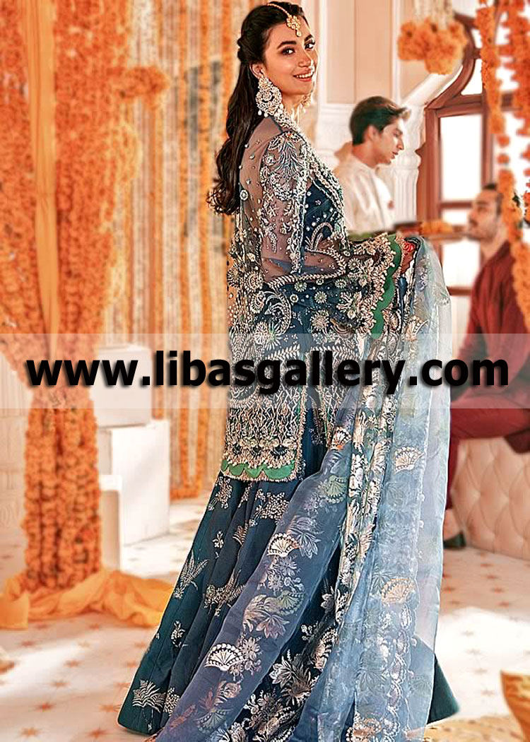 Prussian Blue Crocus Dhaka Pajama Dress for Wedding Party