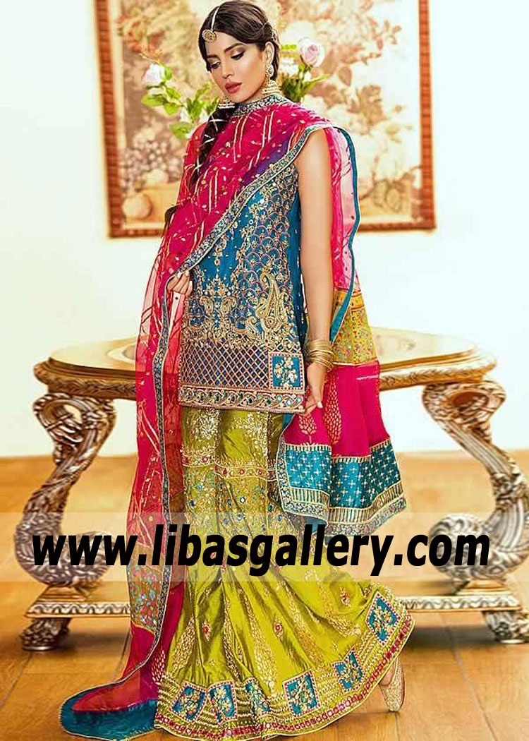 Multi Elmi Sharara for Mehndi Ceremony or Pre-Wedding Celebration