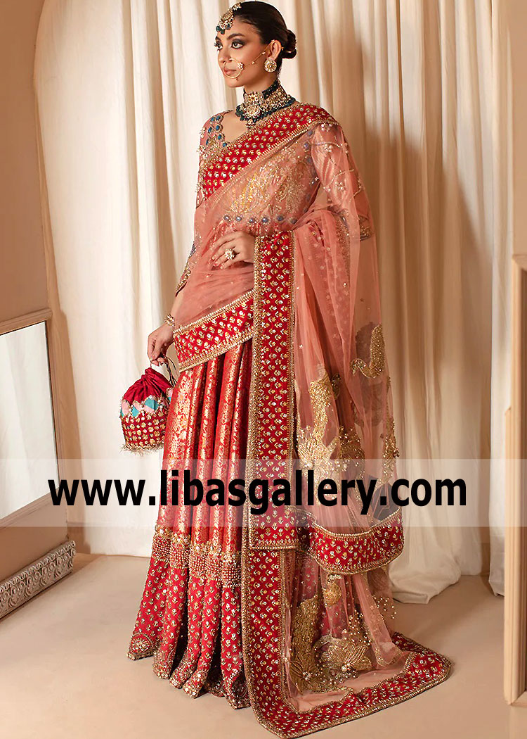 Salmon Red Carnation Formal Pishwas Dress