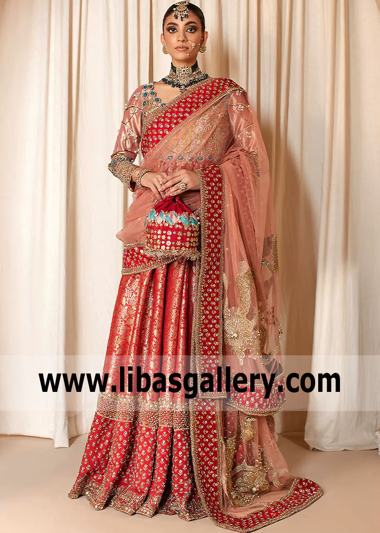 Salmon Red Carnation Formal Pishwas Dress