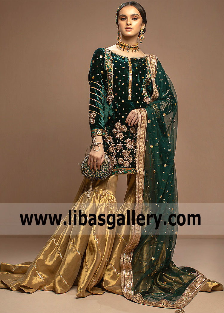 Dark Green Gold Gharara Dress for Bride or Bridesmaid