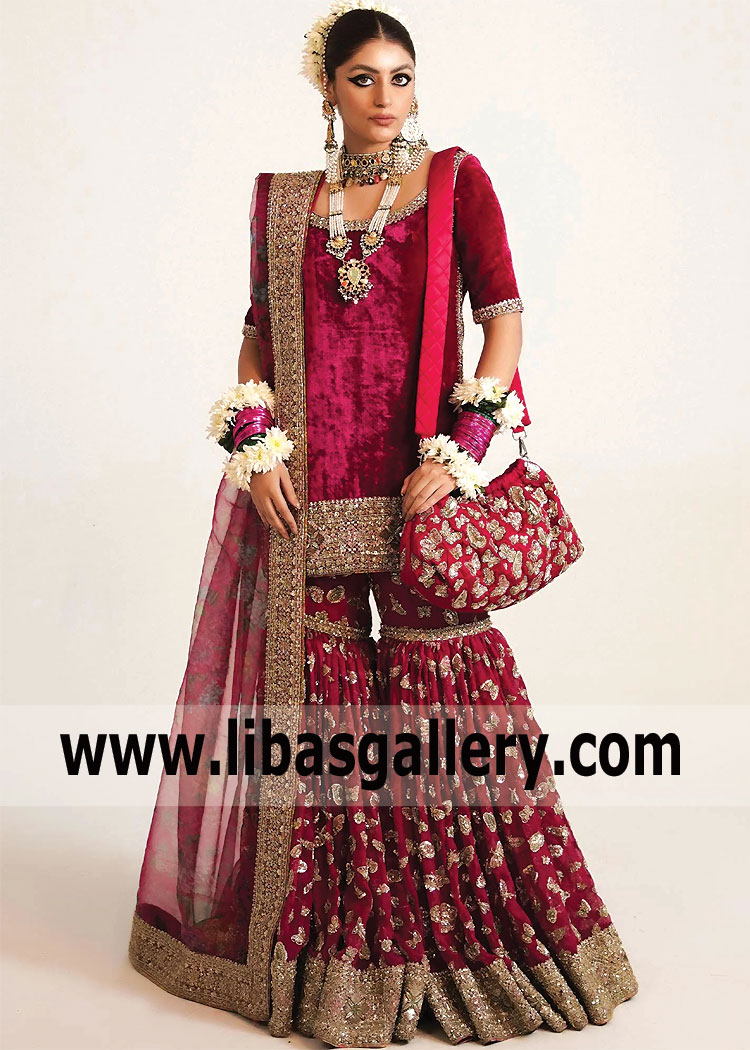 Quinacridone Magenta Fleur Bridal Gharara Dress