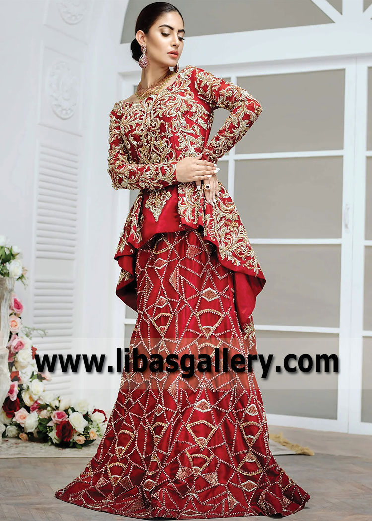 Royal Red Carnation Wedding Peplum with Lehenga