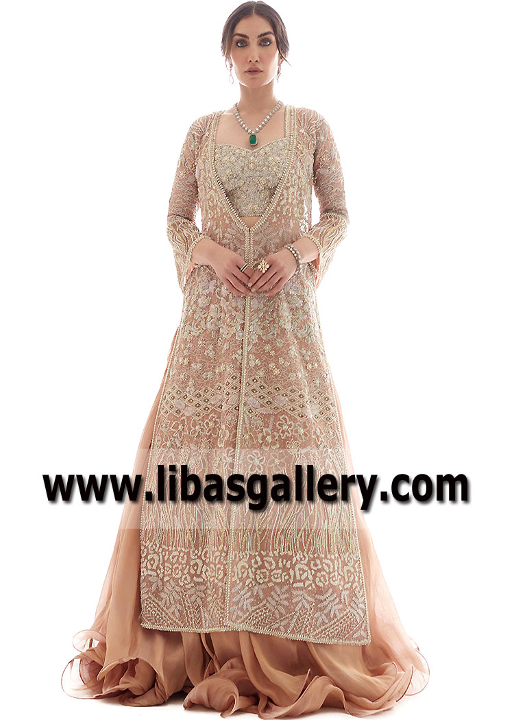 Apricot Delancey Long Jacket With Lehenga