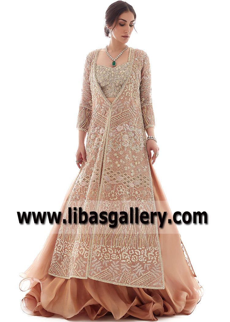 Apricot Delancey Long Jacket With Lehenga