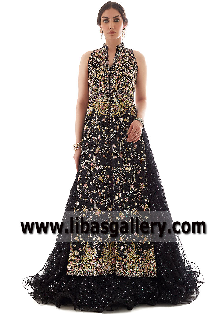 Black Magical Bloom Bridal Jacket with Lehenga