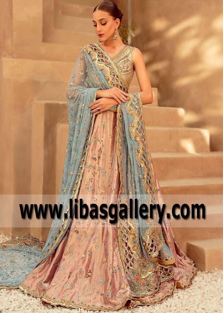 Rose Gold Blue Mazus Bridal Lehenga Dress