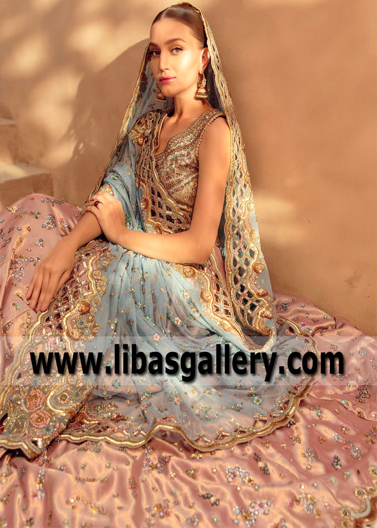 Rose Gold Blue Mazus Bridal Lehenga Dress