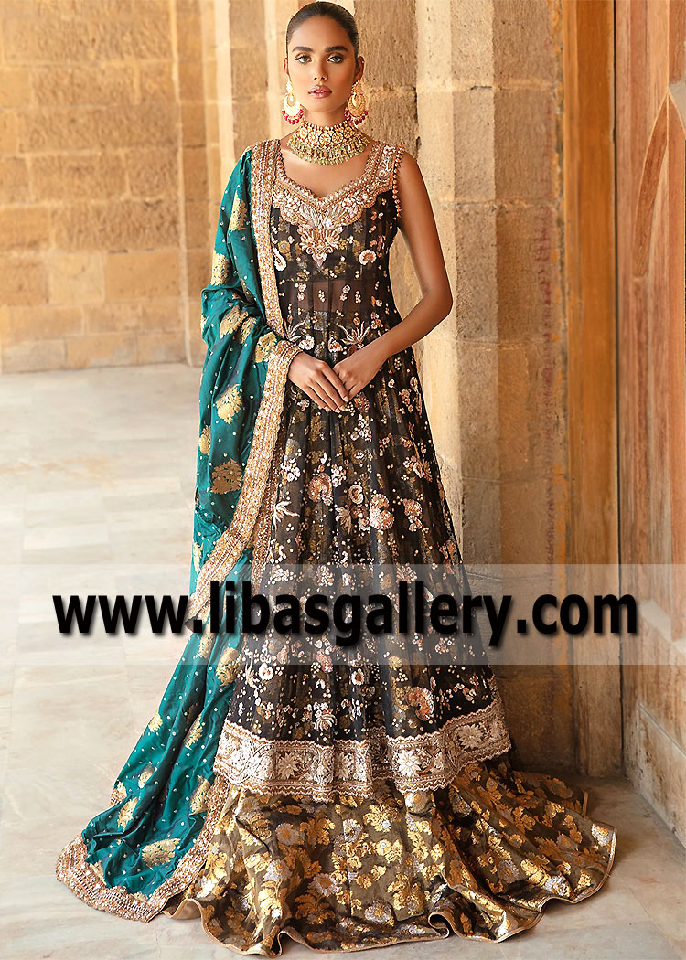 Black Teal Bloom Bridal Anarkali Suit