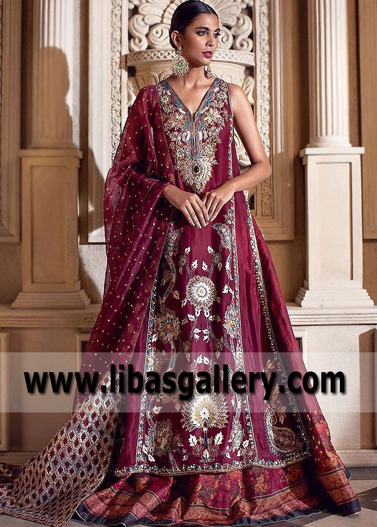 Burgundy Gold Dark Monarch Lehenga Dress