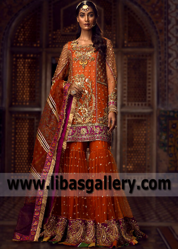 Queeny Pure Orange Mehndi Mayun Gharara
