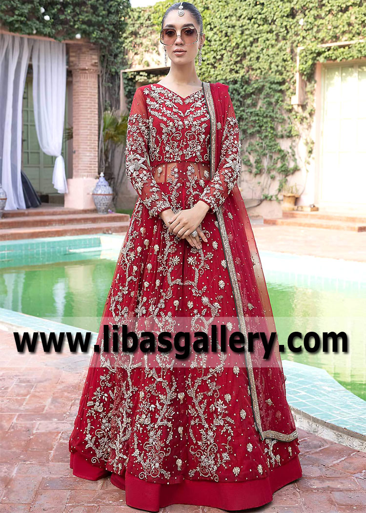 Venetian Red Avant Garde Clematis Pishwas Lehenga