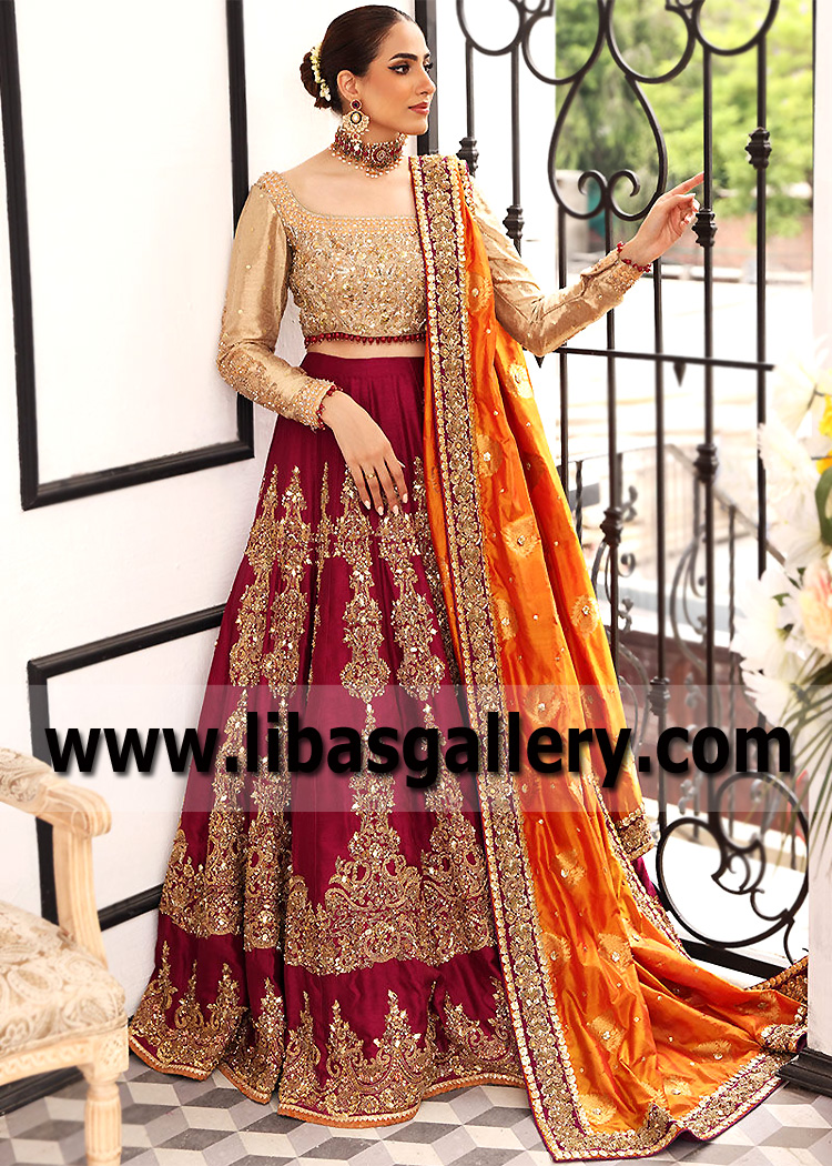Burgundy Gold Rhodolite Lehenga with Tan Choli