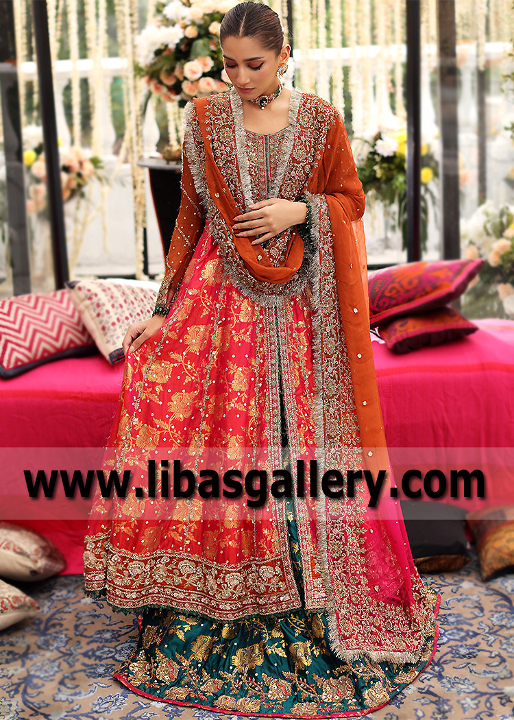 Folly Orange Rubellite Pishwas with Green Lehenga
