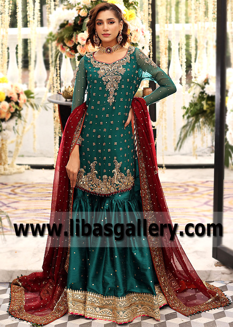 Brunswick Green Dioptase Gharara with Short Shirt