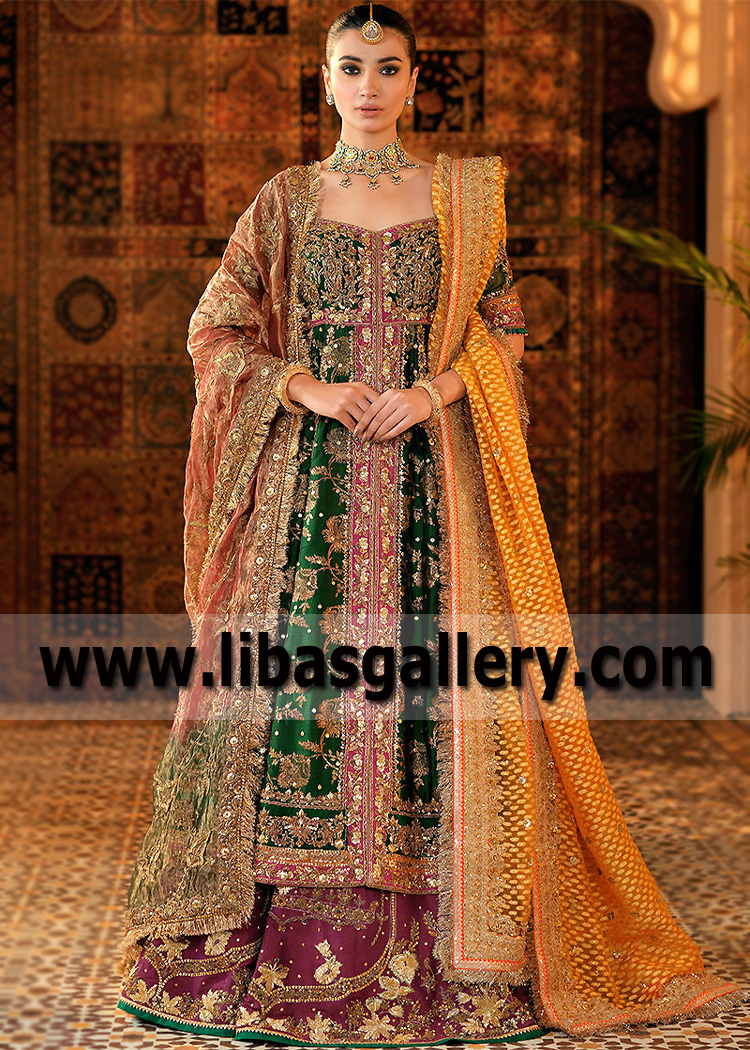 Green Uvarovite Embellished Pishwas with Purple Lehenga