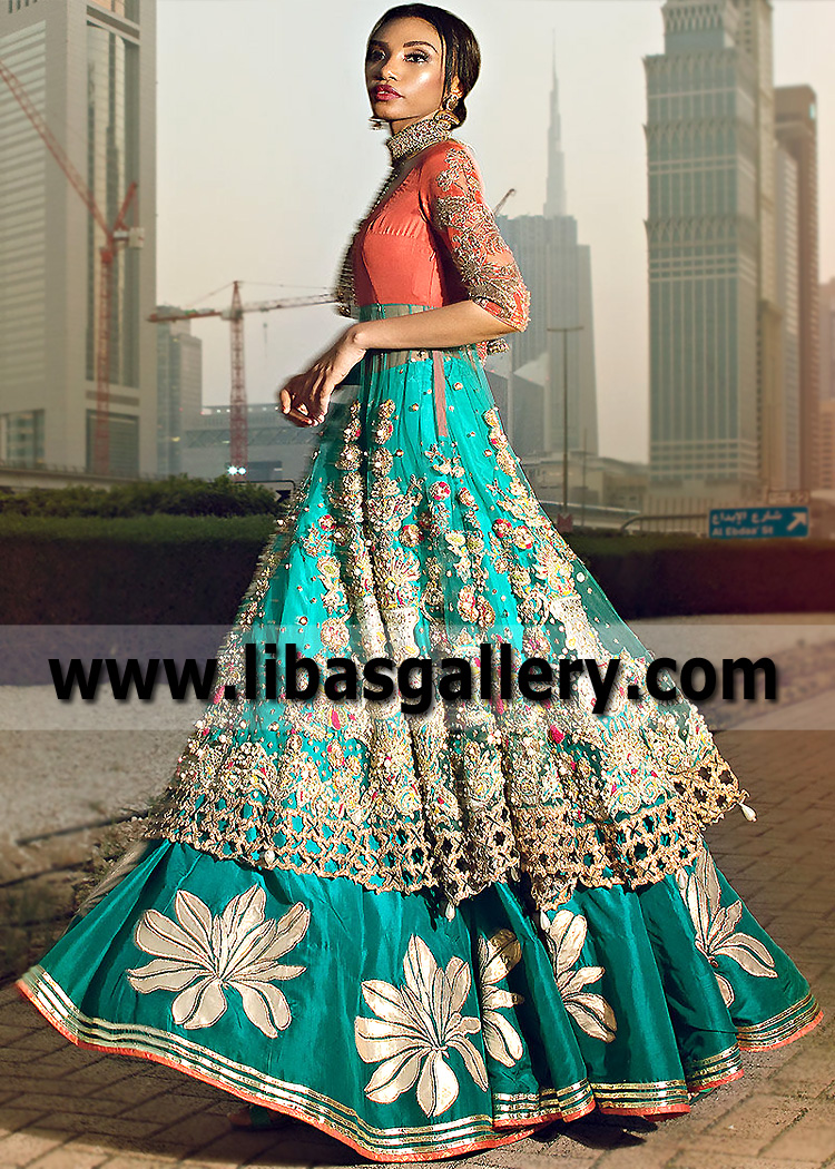 Coral Teal Vanadinite Net Frock with Raw Silk Lehenga