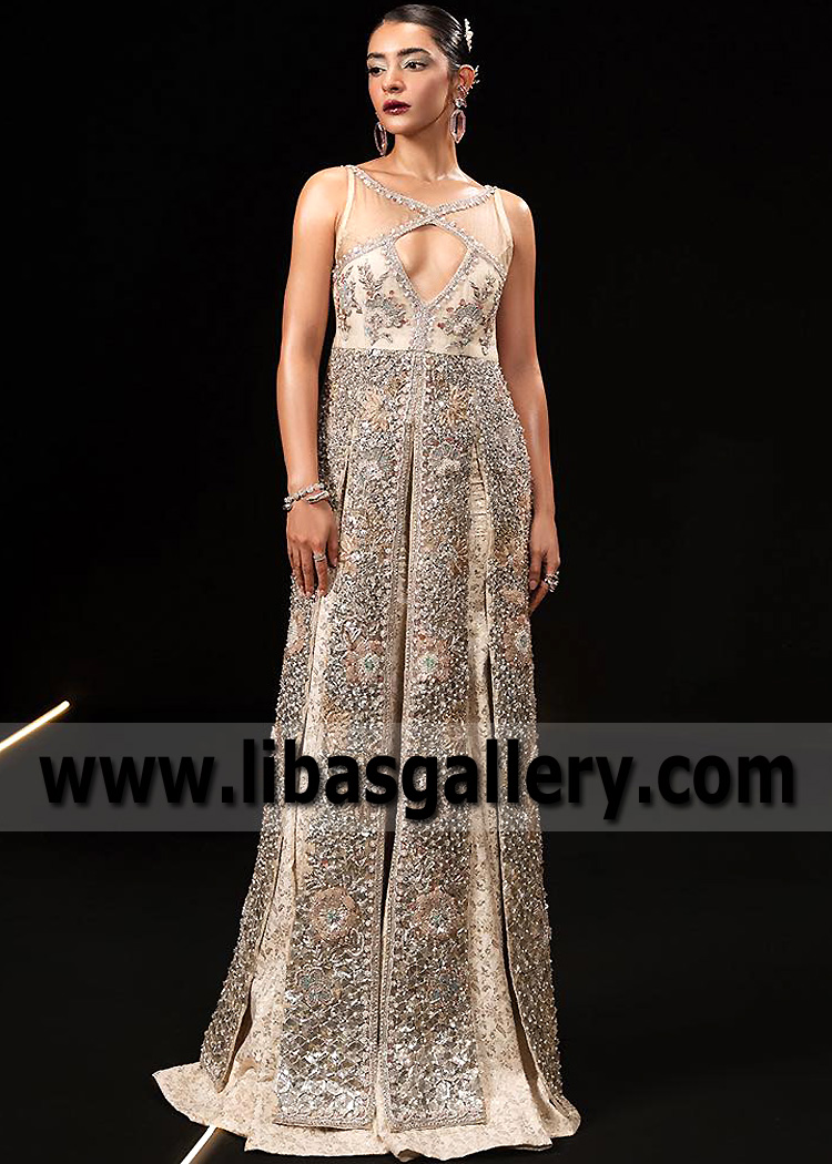 Beige Magnesite Halter Dress with Mermaid Lehnga