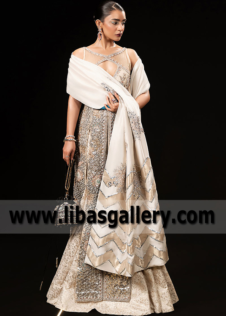 Beige Magnesite Halter Dress with Mermaid Lehnga
