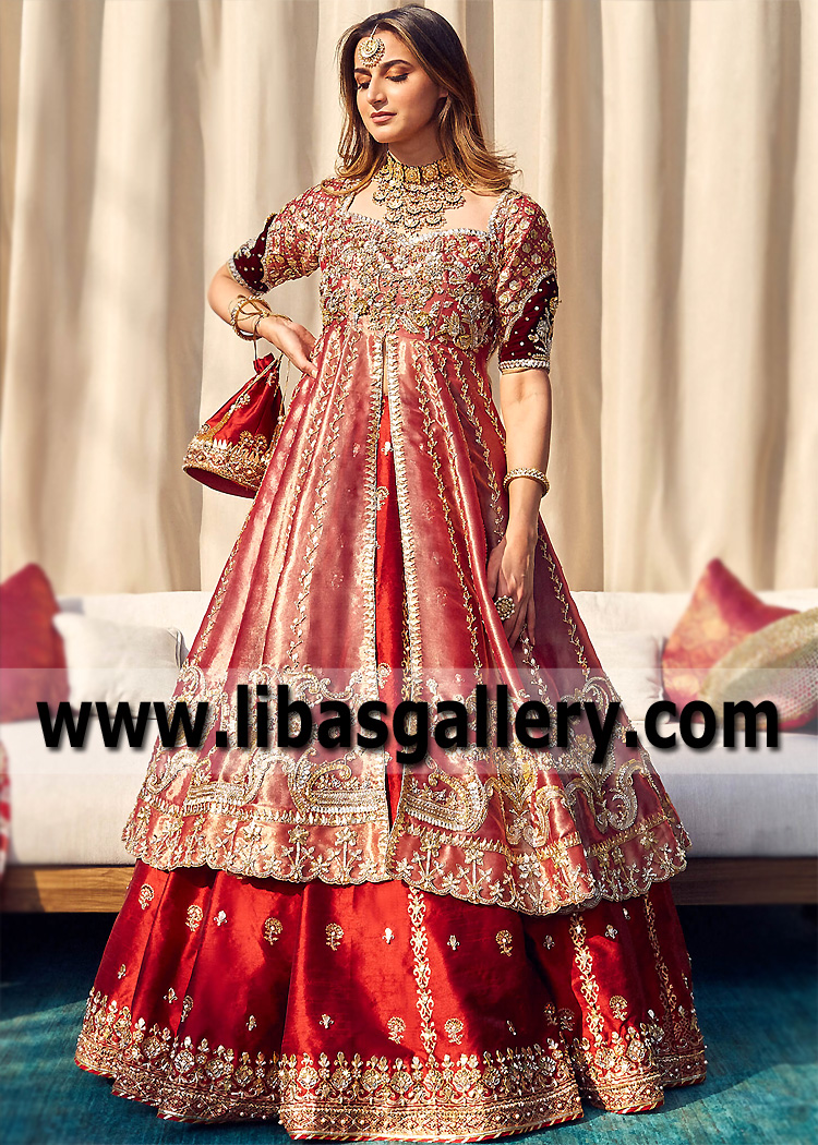 Brink Pink Beryl Pishwas and Red Lehenga