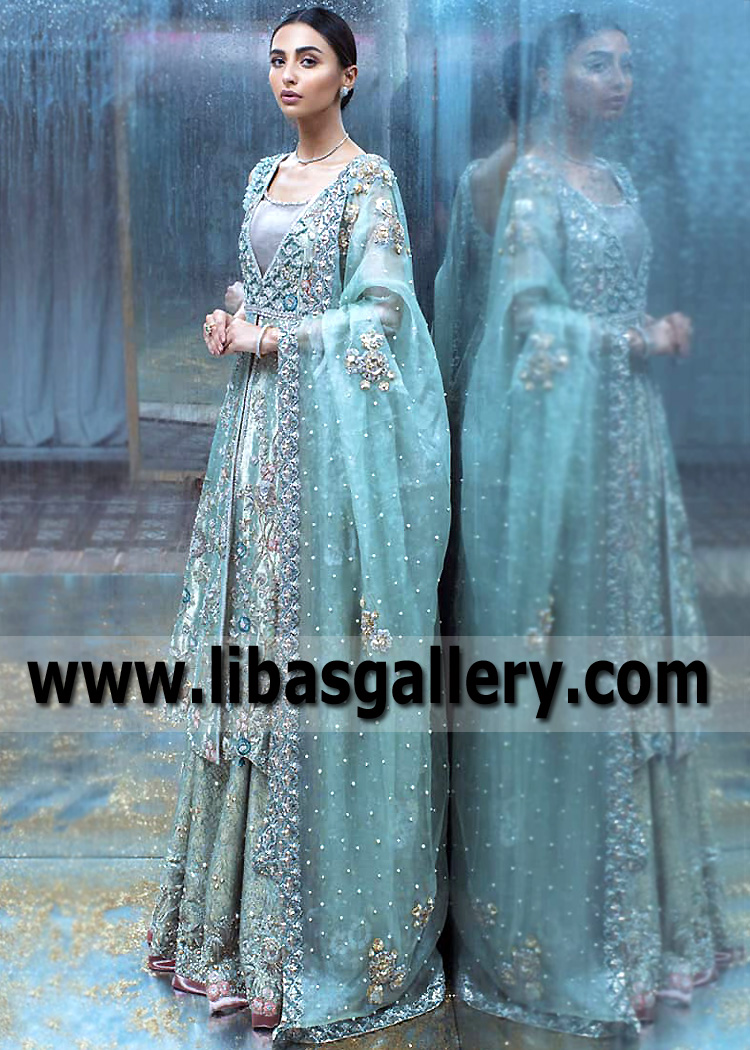 Crayola Sky Blue Boracite Flowy Gown with Lehenga