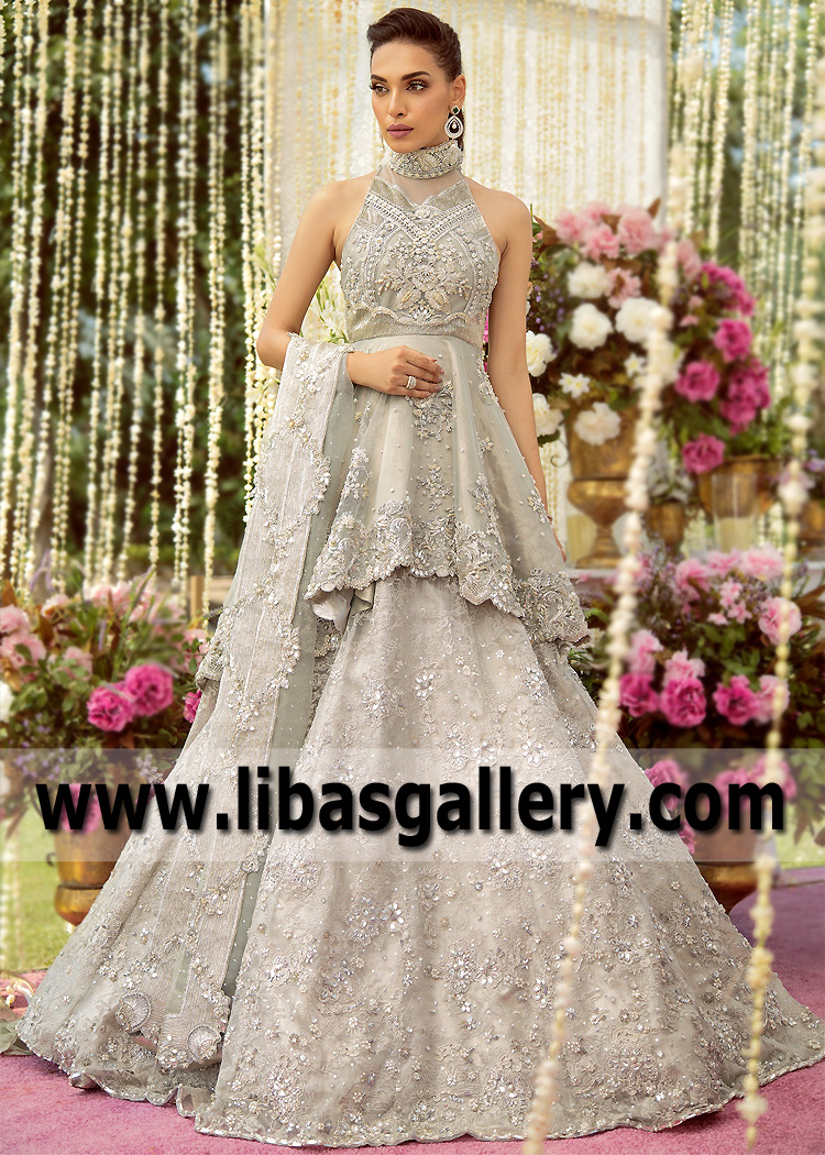 Alabaster Calcite Asymmetric Peplum with Lehenga