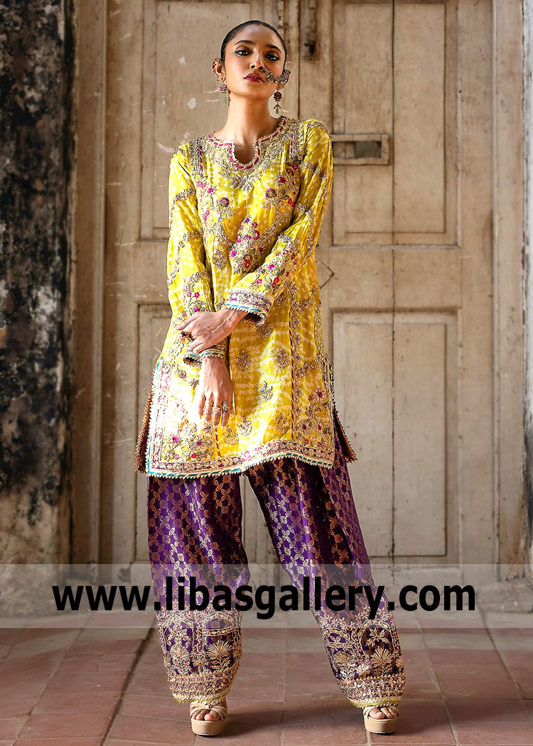 Yellow Sunshine Byzantium Farshi Shalwar For Mehndi Mayun
